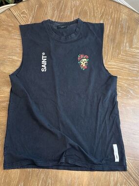 Saint Morta tank with skull and roses graphic